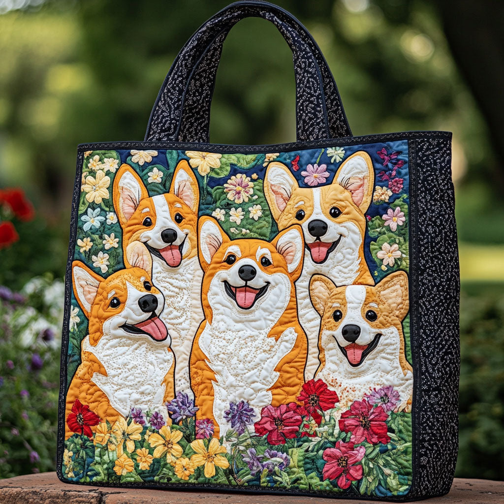 Çiçek Açan Corgi Dikişli Tote Çantası